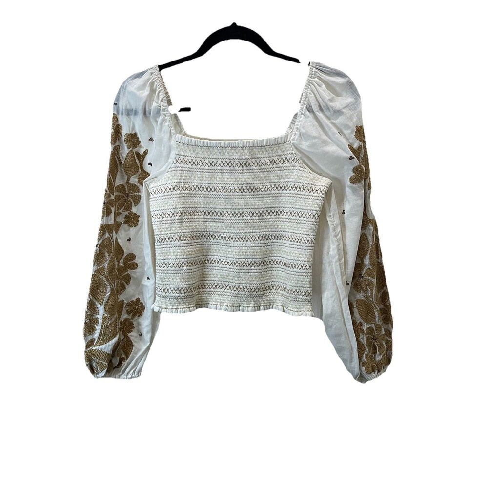 Anthropologie Womens Smocked Embroidered Puff Sleeve Square Neck Top Size XS